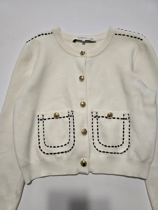 English Factory Stitch Detail Puff Sleeve Cardigan Crew Neck Long Sleeve Size L - Picture 3 of 13